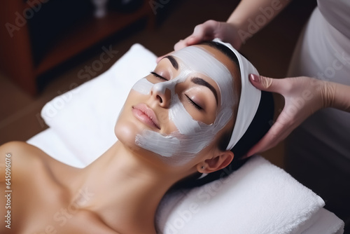 Young beautiful woman having mask procedure in spa centre