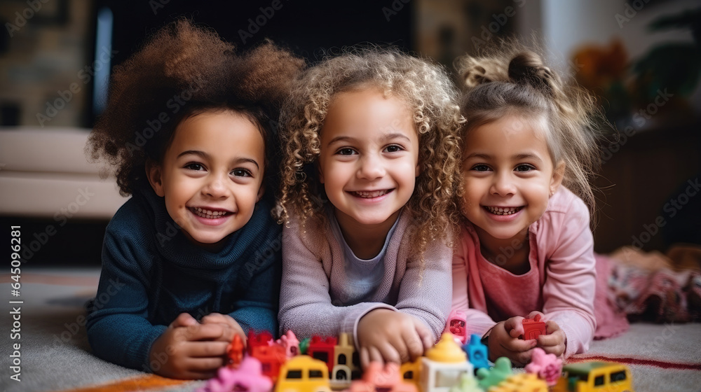 Generative AI, small happy cute children of different nationalities play toys on the carpet in the living room or children's room, diversity, friendship, baby, toddler, child, emotions, joy