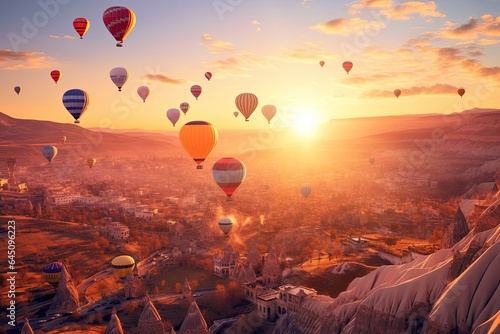 The gentle, serene sunset flight of Cappadocian balloons offers passengers an otherworldly experience in Cappadocia of Turkey. AI-generated.