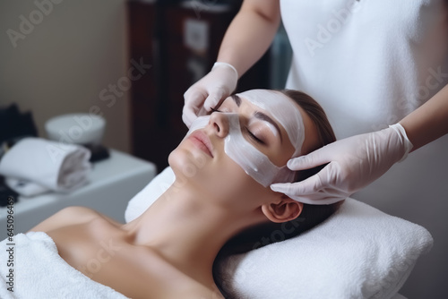 Young beautiful woman having mask procedure in spa centre