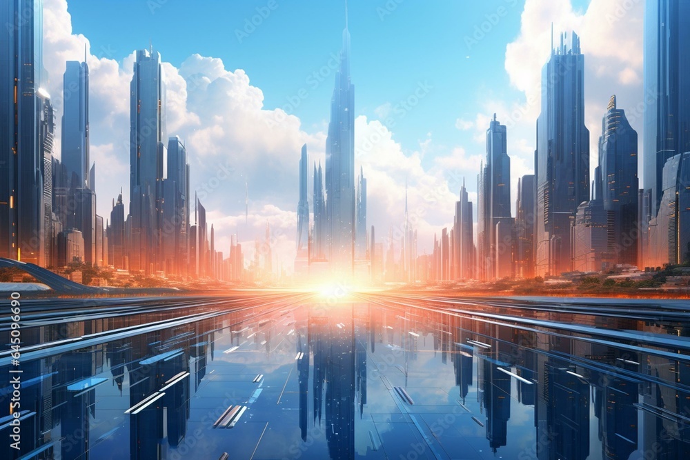 Futuristic urban skyline emphasizing connection to the metaverse. Generative AI