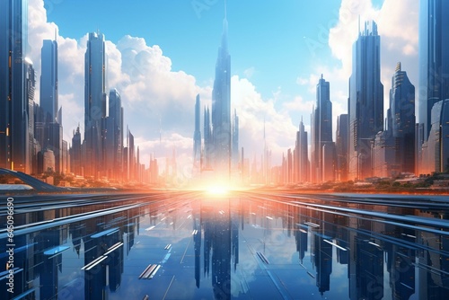 Futuristic urban skyline emphasizing connection to the metaverse. Generative AI
