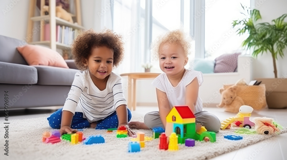 Generative AI, small happy cute children of different nationalities play toys on the carpet in the living room or children's room, diversity, friendship, baby, toddler, child, emotions, joy Generative AI, small happy cute children of different nationalities play toys on the carpet in the living room or children's room, diversity, friendship, baby, toddler, child, emotions, joy