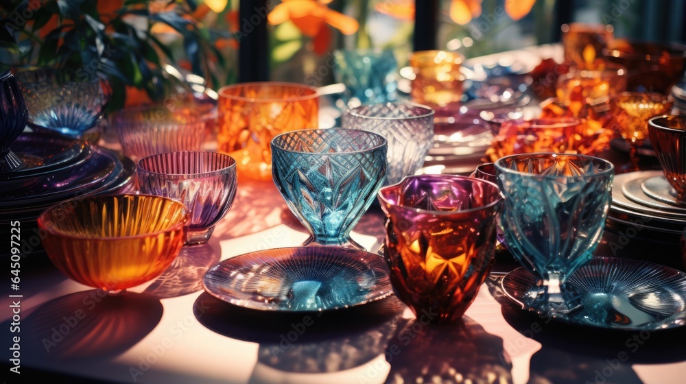 a lot of retro dishes made of transparent glass, a decorative composition, a bright background, light and shadows