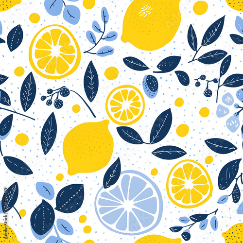 Lemon Background On A White, Vector seamless pattern with fresh lemon slices and green leaves on white background. 
