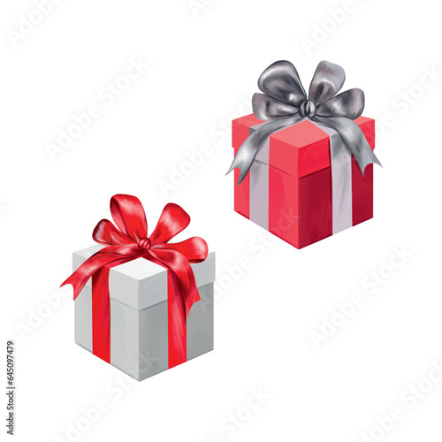 Gift boxes tied with satin ribbons. Vector illustration for New Year composition. Greeting cards, Christmas invitations, themed banners, flyers.