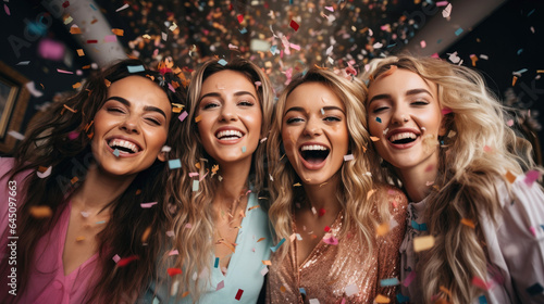 Group of girls celebrating, falling confetti. Generative AI