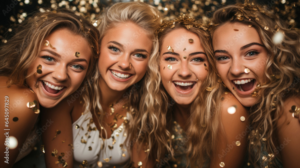 Group of girls celebrating, falling confetti. Generative AI Group of girls celebrating, falling confetti. Generative AI