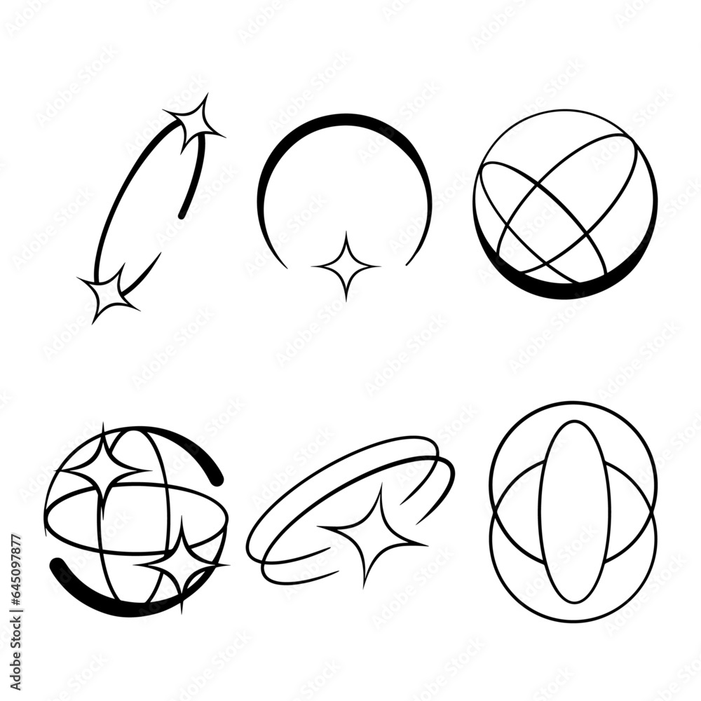 Y2K stars, starburst and retro futuristic graphic set. Collection of Trendy brutal rounded ring collection Y2K stars, starburst and retro futuristic graphic set. Collection of Trendy brutal rounded ring collection