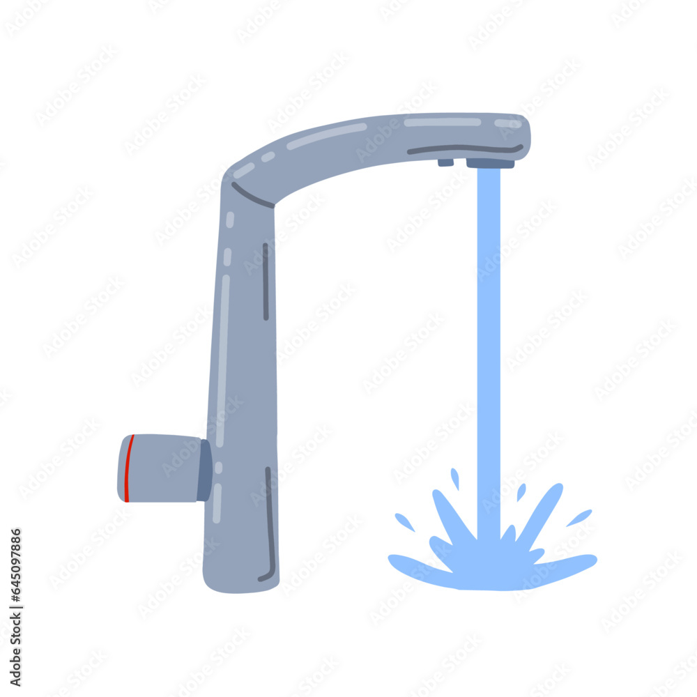 Tap with running water jet. Plumbing in kitchen and bathroom. Flow and stream of blue liquid.