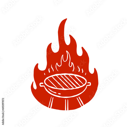 Barbecue logo. Grilled meat on fire. Red silhouette of brazier flame. Simple cartoon illustration isolated on white.