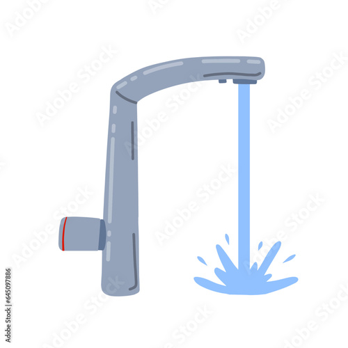 Tap with running water jet. Plumbing in kitchen and bathroom. Flow and stream of blue liquid.