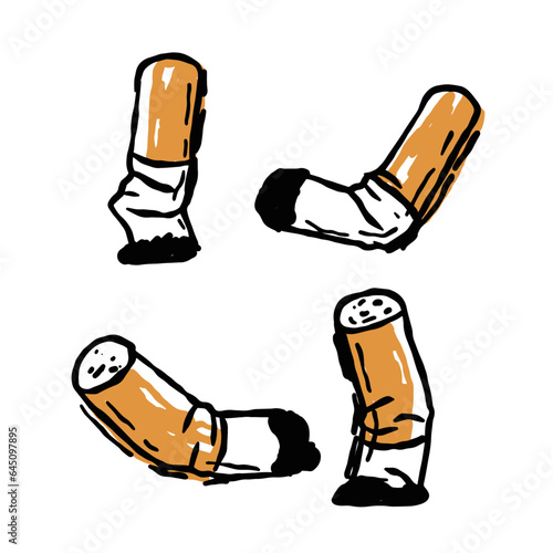 Cigarette butt. Bad harmful habit of Smoking. Sketch set of trash, dirt and garbage. Small object. Cartoon hand drawn flat illustration