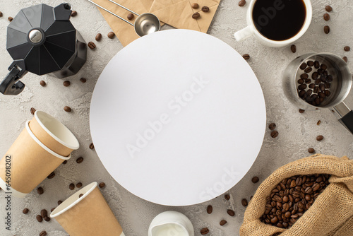 фотографія Coffee Aesthetic Arrangement: Overhead photo of coffee beans in bag, espresso cu