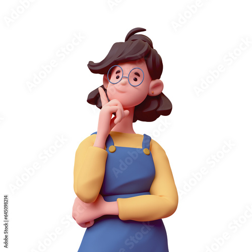 Portrait of cute asian girl in fashion blue overalls yellow t-shirt touches her chin with hand raises her index finger up thinks over decision making right choice. 3d render isolated transparent.