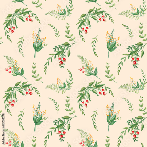 Seamless watercolor pattern with green branches, yellow wildflowers and red berries on beige background. Botanical summer hand drawn illustration. Can be used for gift wrapping paper, kitchen textile