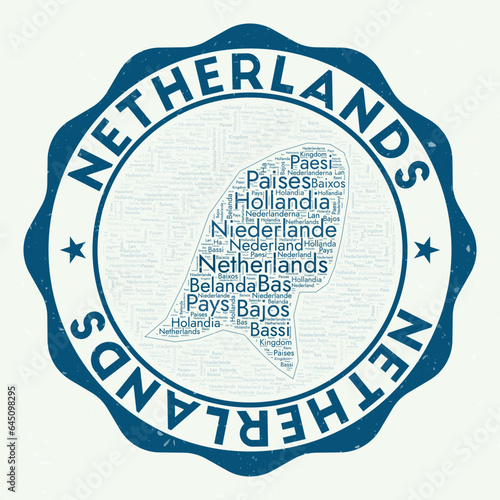 Netherlands logo. Artistic country badge with word cloud in the shape of Netherlands. Round emblem with country name. Modern vector illustration.