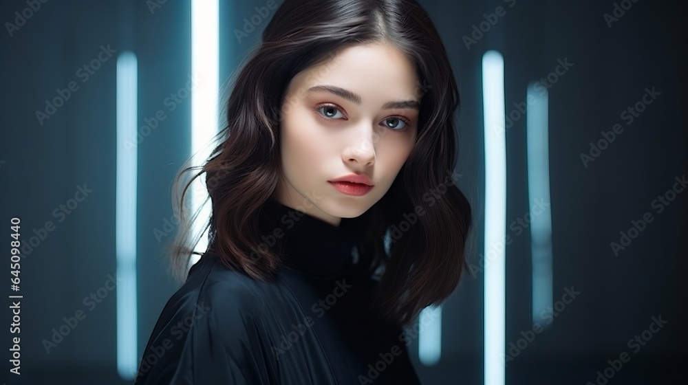 Beautiful girl on a black background. The girl in black. Generative AI Beautiful girl on a black background. The girl in black. Generative AI