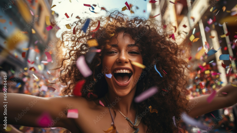 Group of girls celebrating, falling confetti. Generative AI Group of girls celebrating, falling confetti. Generative AI
