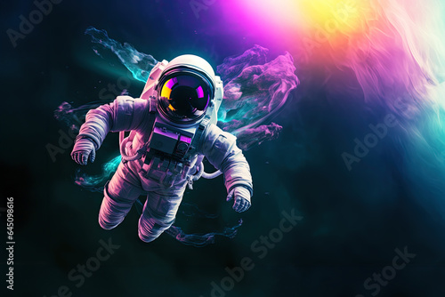 A cosmonaut in a rainbow of neon colors, a surreal colorful journey