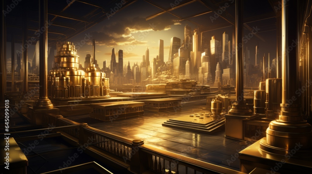 A futuristic city with golden buildings and skyscrapers. Ancient civilization with golden buildings. Advanced ancient city with complex golden structures. - obrazy, fototapety, plakaty 