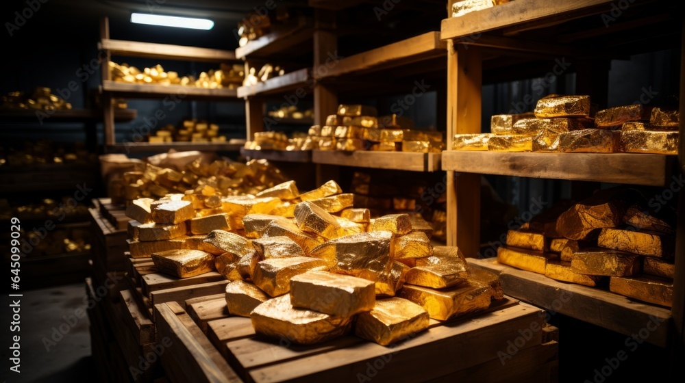 Stacks of golden coins and bullion are stacked on a shelf, with a big gold reserve in the background. Golden reserve concept. Stash of pure golden bars and coins in a bullion depository.