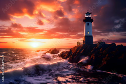 Lighthouse at sunset on the coast.