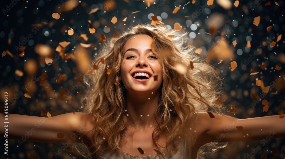 Group of girls celebrating, falling confetti. Generative AI Group of girls celebrating, falling confetti. Generative AI