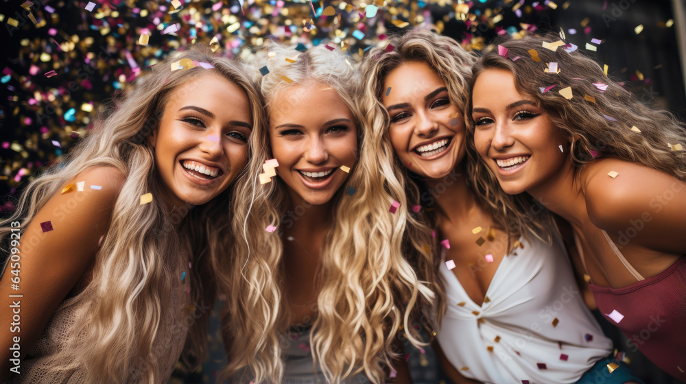 Group of girls celebrating, falling confetti. Generative AI