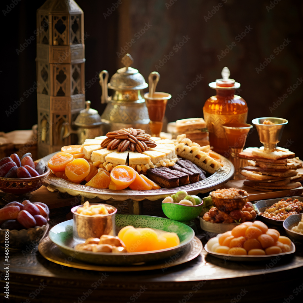 A traditional Ramadan dessert spread with various treats. AI Generative.
