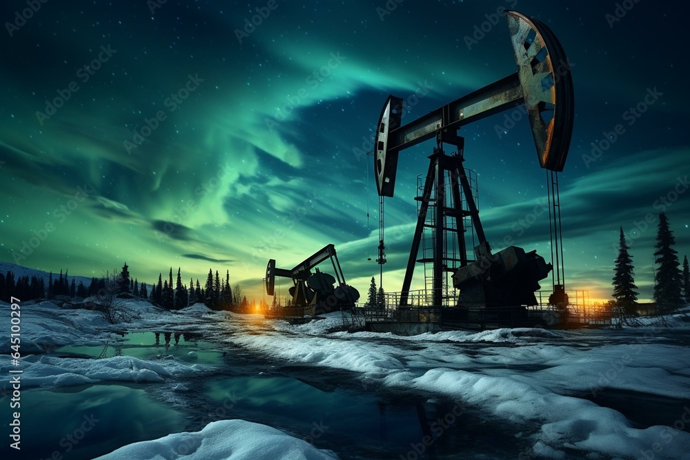 Polar oilfield amidst the aurora borealis, featuring a pump jack
