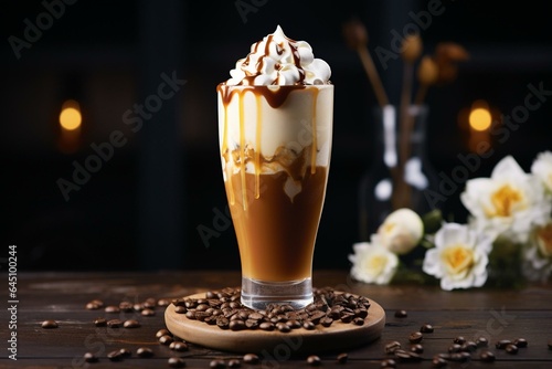 Refreshing blend of coffee, chilled to perfection and topped with creamy foam and sweet caramel drizzle. Generative AI