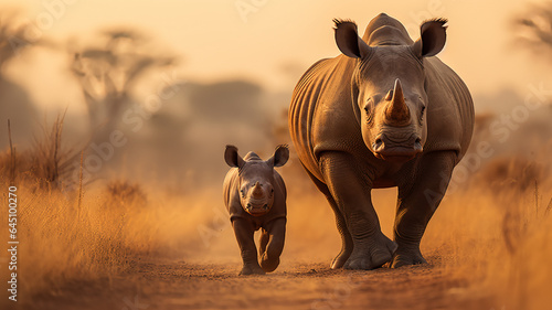 Canvas Print A rhino calf walking beside its mother, AI Generative.