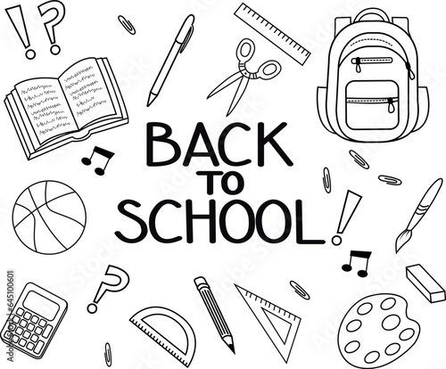 A set of school supplies for study: backpack, pencils, brushes, paints, ruler, sharpener, stickers, calculator, books. Cute stationary items for kids. Back to school. Flat illustration.