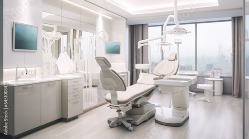 a dental implant clinic's treatment room, highlighting the advanced dental implant chair and equipment