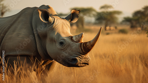 A majestic rhino grazing peacefully in the grassland  AI Generative.