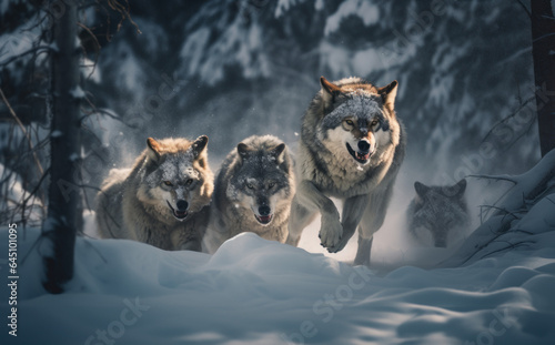 Print op canvas Wolfsrudel im winter