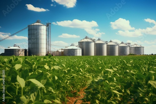 Soybean field with grain silos on a sunny day in the USA. Generative AI