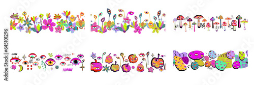Set of horizontal seamless borders in colorful doodle style