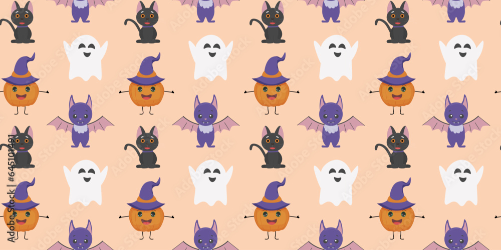 Seamless pattern with pumpkin, ghosts, bat, cat. Cute Halloween print for design, background, wrapping paper and web design. Vector illustration Seamless pattern with pumpkin, ghosts, bat, cat. Cute Halloween print for design, background, wrapping paper and web design. Vector illustration