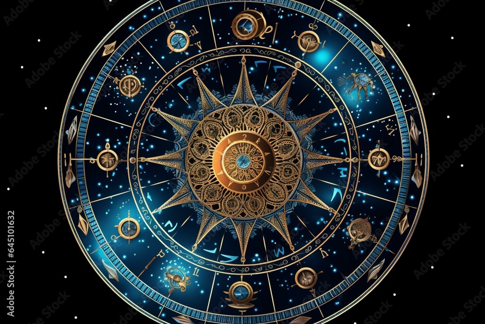 Zodiac wheel with Aquarius star sign over stars. Generative AI