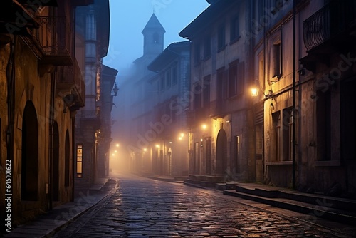 Foggy evening in an old European town's narrow street in Bergamo, Lombardia. Generative AI