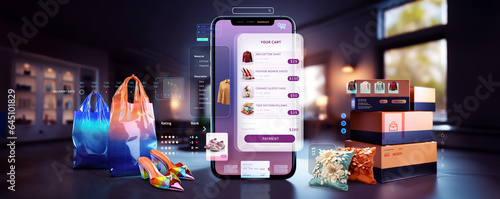 online shopping list and free shipping through mobile app marketplace and home delivery with application user interface menu mockup screen and credit card payment, no actual brands used in design