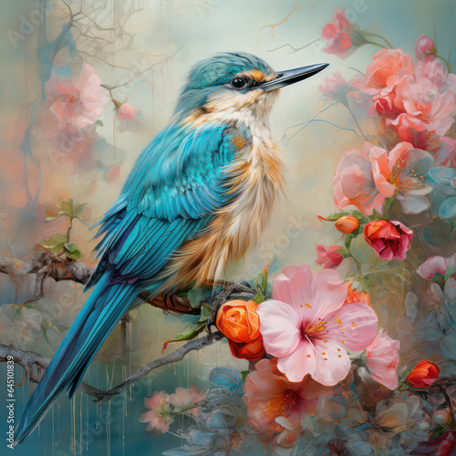 Beautiful ai generated illustration of birds with a floral