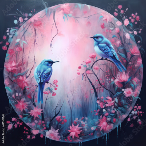 Beautiful ai generated illustration of birds with a floral background 