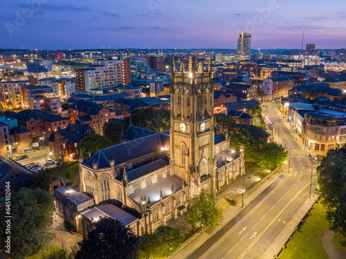 Leeds Minster, City Centre church in Leeds, Yorkshire. Aerial view of the large church at night. Christian place of worship in northern england