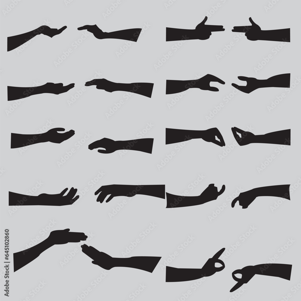 Various gestures of human hands isolated on a white background. Vector flat illustration of male or female hands in different situations. Vector design elements for infographic, web presentation. Various gestures of human hands isolated on a white background. Vector flat illustration of male or female hands in different situations. Vector design elements for infographic, web presentation.