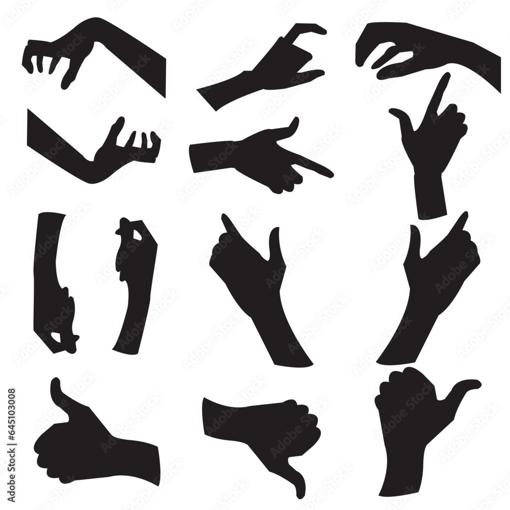 Various gestures of human hands isolated on a white background. Vector flat illustration of male or female hands in different situations. Vector design elements for infographic, web presentation. Various gestures of human hands isolated on a white background. Vector flat illustration of male or female hands in different situations. Vector design elements for infographic, web presentation.