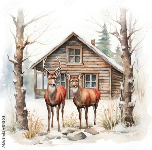 Watercolor winter background with deer