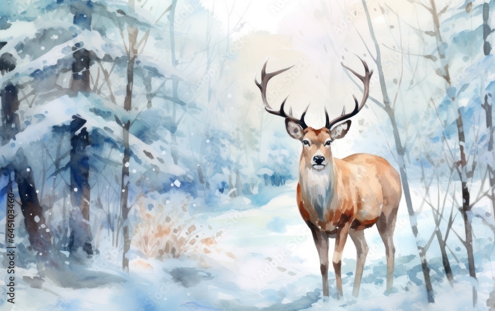 Watercolor winter background with deer Watercolor winter background with deer